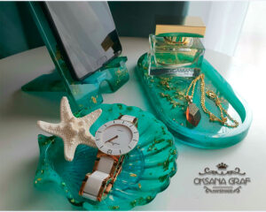 Dekoration und Deko Ideen aus Epoxidharz: Handyhalter harz, Handwerk DIY, Untersetzer, Kerzenhalter & Schmucktabletts, türkis, gold