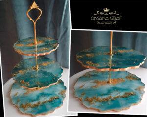 Dekorationsgegenstände/ Dekorationsstücke aus Epoxidharz, Eleganter 3-stöckiger Kuchenständer für stilvolle Dessertpräsentation - Ideal für Cupcakes, Kekse, Obst und Partys - Perfekt für Hochzeiten und Wohnkultur aus Epoxidharz, Handwerk DIY, türkis, gold kante