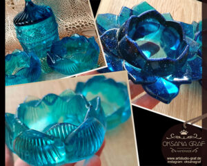 Dekorationsgegenstände/ Dekorationsstücke aus Epoxidharz, Dekoration und Deko Ideen aus Epoxidharz: Lotus Form Teelichthalter, blau, türkis Farbe, Schatulle mit der Deckel