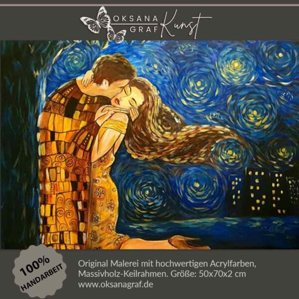 Originale Malerei, Acrylbild direkt von Künstler kaufen, Romantik, Love, inspiriert von Gustav Klimt "Kuss" und Van Gogh "Sternennacht"