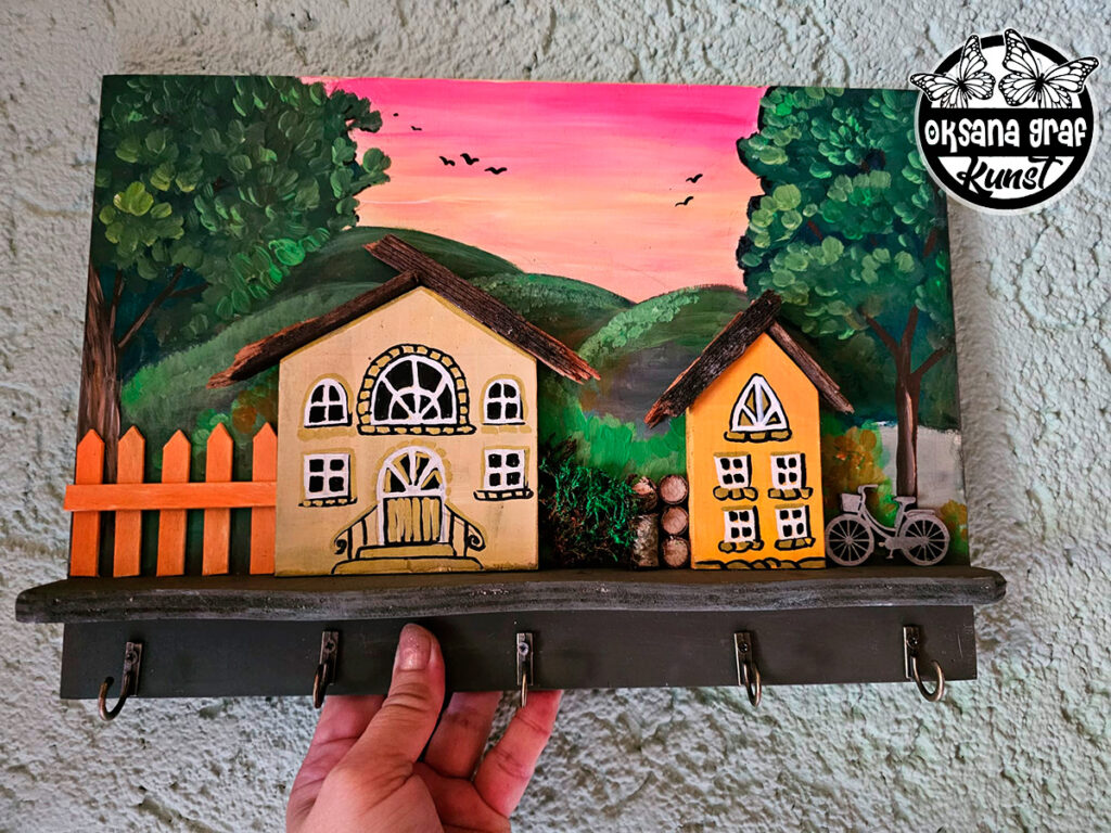 Handbemalte Holzbretter, Handgefertigte Schlüsselbrett aus Holz "Heimisches Idyll" Handgefertigte Schlüsselbretter von Künstlerin Oksana Graf