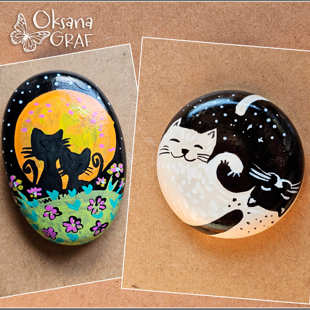 Katzen Yin Yang, Schwarze Katzen Silhouette vor einem Mond Nacht Himmel, steine bemalen, handbemalte steine,