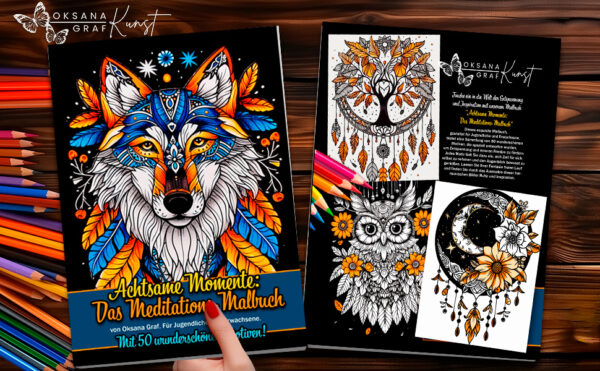 Achtsame Momente: Das Meditations-Malbuch von Oksana Graf für Jugendliche und Erwachsene. Mit 50 wunderschönen Motiven!: Achtsamkeit, Entspannung, ... Lebensbaum, Traumfänger, Katze, Wolfe, Eulen