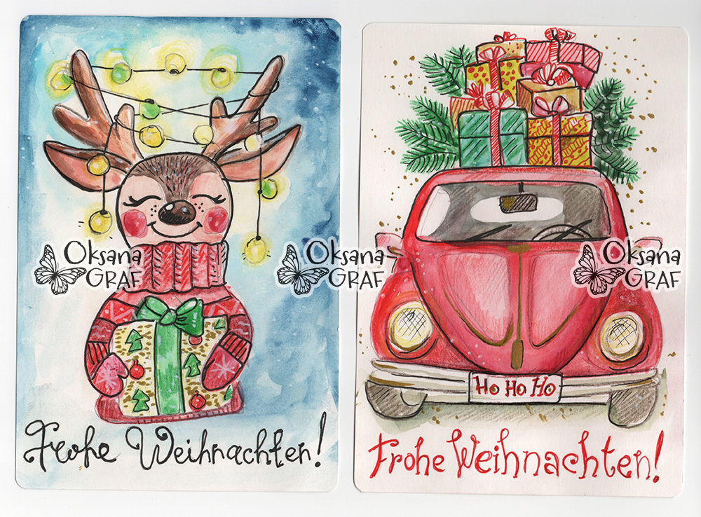 Weihnachtskarten, Besondere DIY Karten selber basteln, Weihnachtsmotive, Malvorlage, weihnachtsbilder Aquarell, tutorial, Rentier mit Geschenk, VW Käfer mit Geschenken auf dem Dach