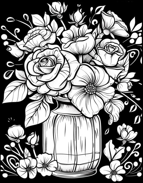 Kostenlose Malvorlagen mit schwarzem Hintergrund Blumentopf, Blume in Vase,  