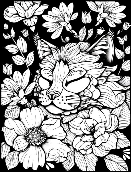 Kostenlose Malvorlagen mit schwarzem Hintergrund, Katze, Blumen