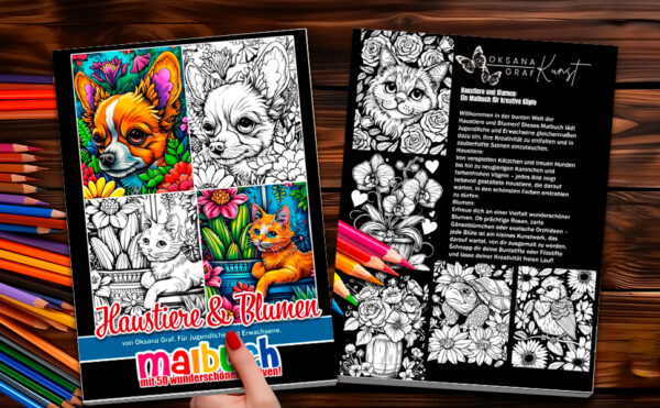 Malbuch für Erwachsene Haustiere Blumen von Oksana Graf