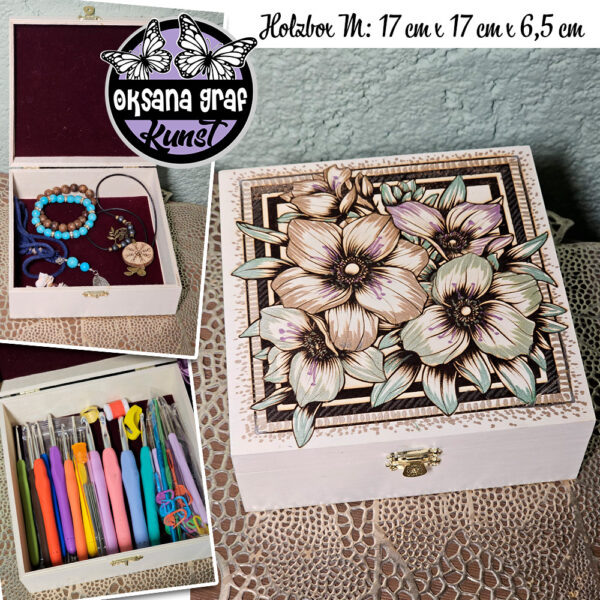 Aufbewahrung | Erinnerungs-Box| mit Metallverschluss. Holz Schatulle/ Holzbox, mit Brandmalerei/ Pyrographie, Bemalung. Blumen Motive. Oksana Graf Kunst