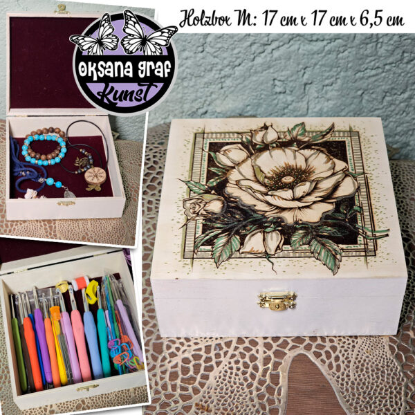 Aufbewahrung | Erinnerungs-Box| mit Metallverschluss. Holz Schatulle/ Holzbox, mit Brandmalerei/ Pyrographie, Bemalung. Blumen Motive. Oksana Graf Kunst