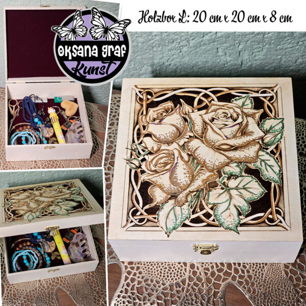 Aufbewahrung | Erinnerungs-Box| mit Metallverschluss. Holz Schatulle/ Holzbox, mit Brandmalerei/ Pyrographie, Bemalung. Blumen Motive. Rose. Oksana Graf Kunst