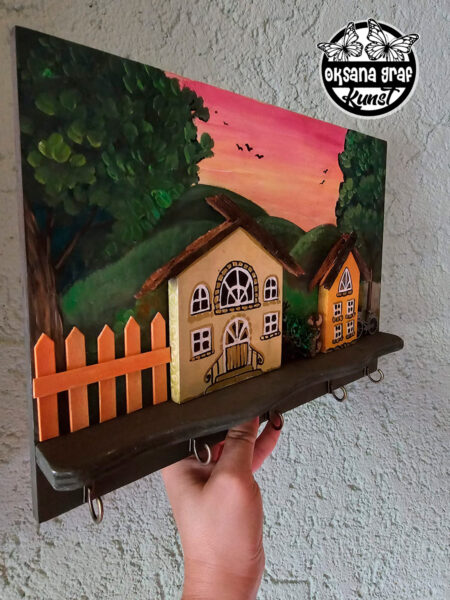 Handgefertigte Schlüsselbrett aus Holz "Heimisches Idyll" Handgefertigte Schlüsselbretter von Künstlerin Oksana Graf