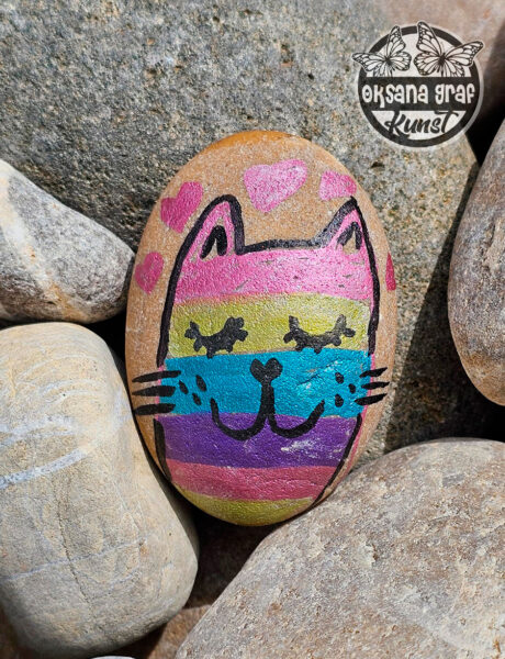 Bemalte Steine, Kieselstein Malerei, Katze auf stein gemalt, handmade, glücksteine, reisesteine