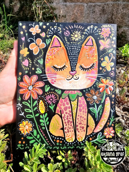 Handbemalte Holzbrett "Bunte Glückskatzenruhe" Holztafel, selbst bemalt, Katze, Bemalung, Happy Cat, Bunte Katze, Niedlich Oksana Graf