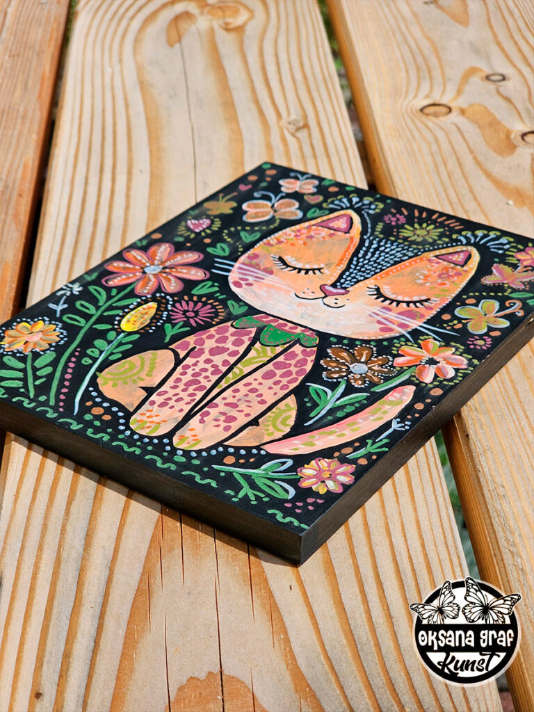 Handbemalte Holzbrett "Bunte Glückskatzenruhe" Holztafel, selbst bemalt, Katze, Bemalung, Happy Cat, Bunte Katze, Niedlich Oksana Graf