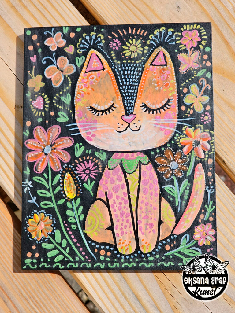Handbemalte Holzbrett "Bunte Glückskatzenruhe" Holztafel, selbst bemalt, Katze, Bemalung, Happy Cat, Bunte Katze, Niedlich Oksana Graf
