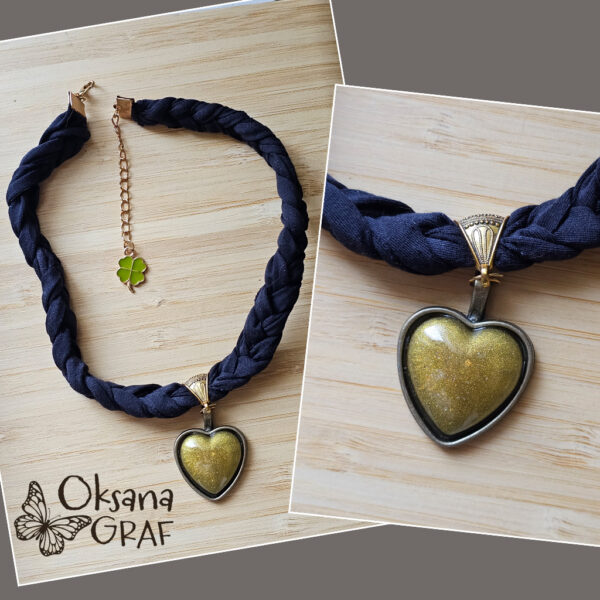 Moderne Schmuck, Damen Halskette, Herzform, Harz, gold_ schwarze stoffband