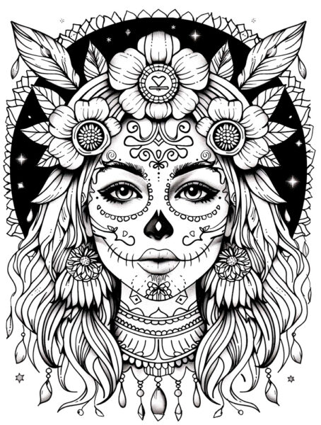 Zuckerkopf mit Blumen zum ausmalen, ausmalbilder, Kostenlose Malvorlagen schwarz weiß, coloring page, la Catrina Gesicht, Schädel , Todes Kopf