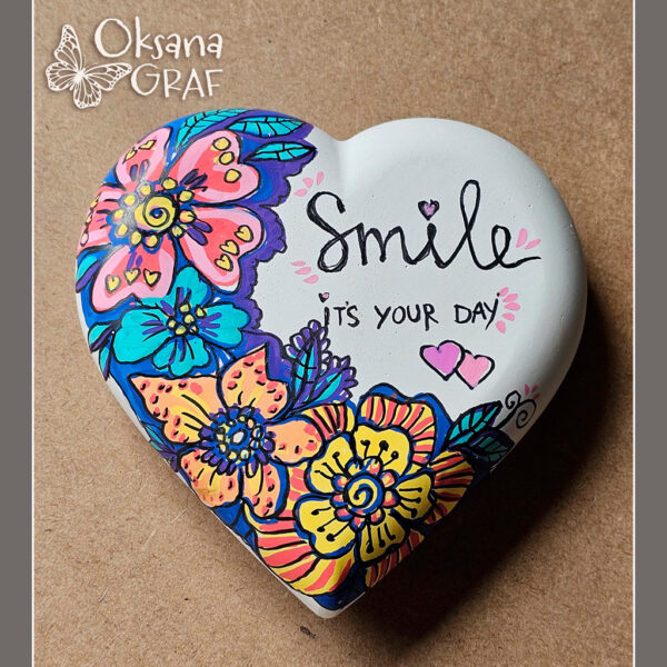 Heart " Smile it's your day" gips herz, herz aus gips handbemalt mit Beschriftung,
