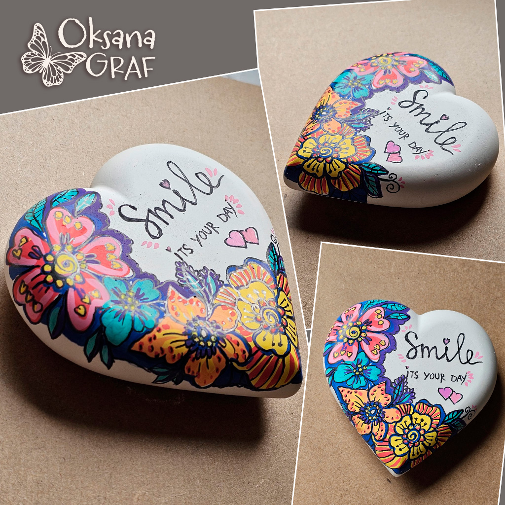 Heart " Smile it's your day" Herz aus Gips, handbemalt, Blumen motive