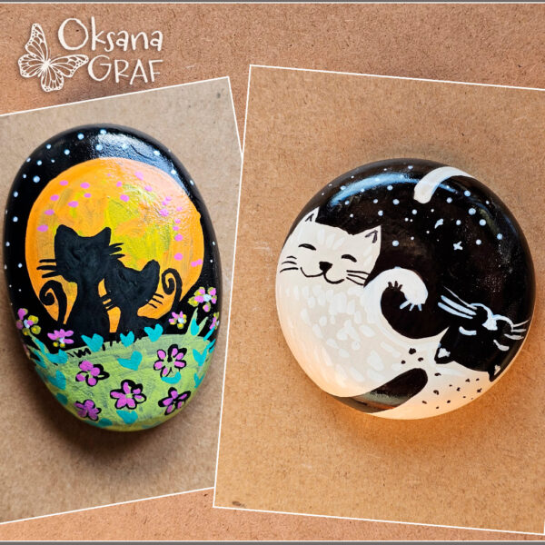 Katzen Yin Yang, Schwarze Katzen Silhouette vor einem Mond Nacht Himmel, steine bemalen, handbemalte steine, 