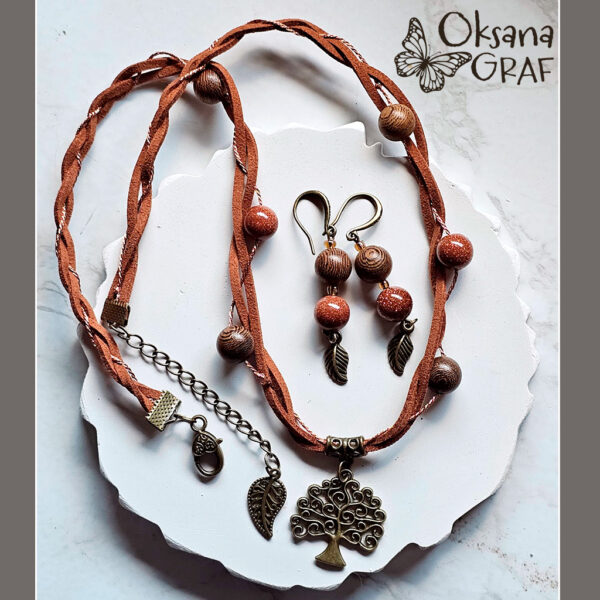 Handmade Boho-Schmuck Set, Materialien: Aventurin, Sandelholz, Messing, Farben: Braun, Antik Bronze