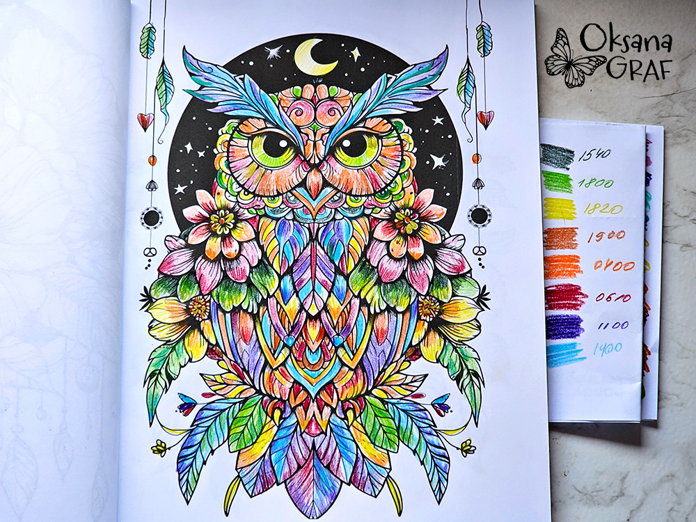 Eule tutorials für ausmalen von Malbuch mit Buntstiften derwent chromaflow