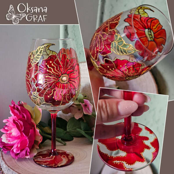 Glasmalerei, Weinglas bemalt mit Mohnblumenmotiv, glas Farbe, originale Unikate Weingläser mit roten Blumen