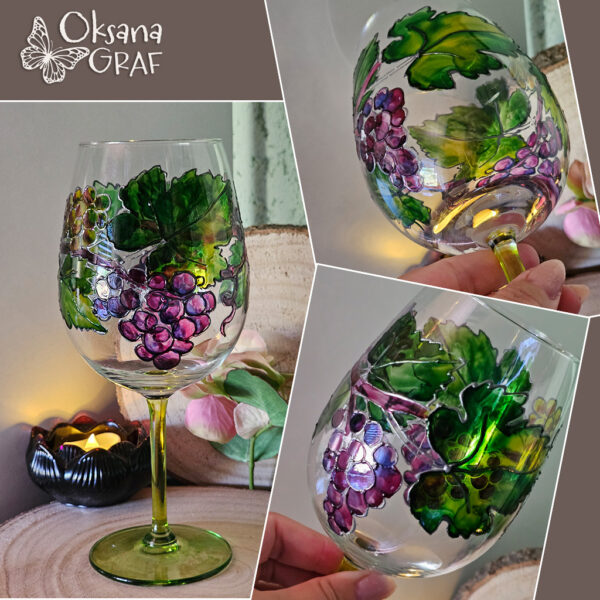 Glasmalerei, Weinglas bemalt mit Traubenmotiv, glas Farbe, originale Unikate Weingläser, 