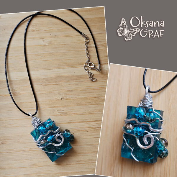 Leder Schnur Halskette für damen, für sie, Epoxidharz mit perle, Anhänger, Ozean, See Blue 