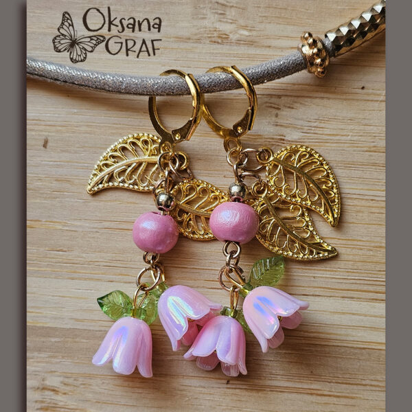 Ohrringe, rosa Blumen, gold