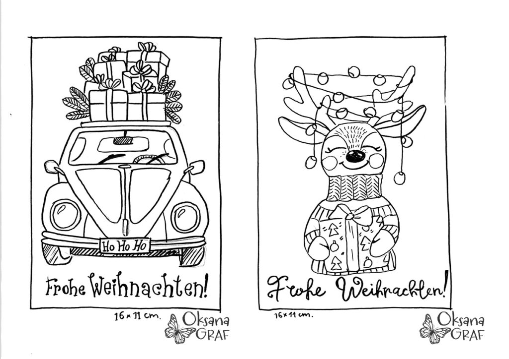 Weihnachtskarten Weihnachtsmotive, kostenlose Malvorlage zum ausmalen, Rentier mit Geschenk, VW Käfer mit Geschenken auf dem Dach